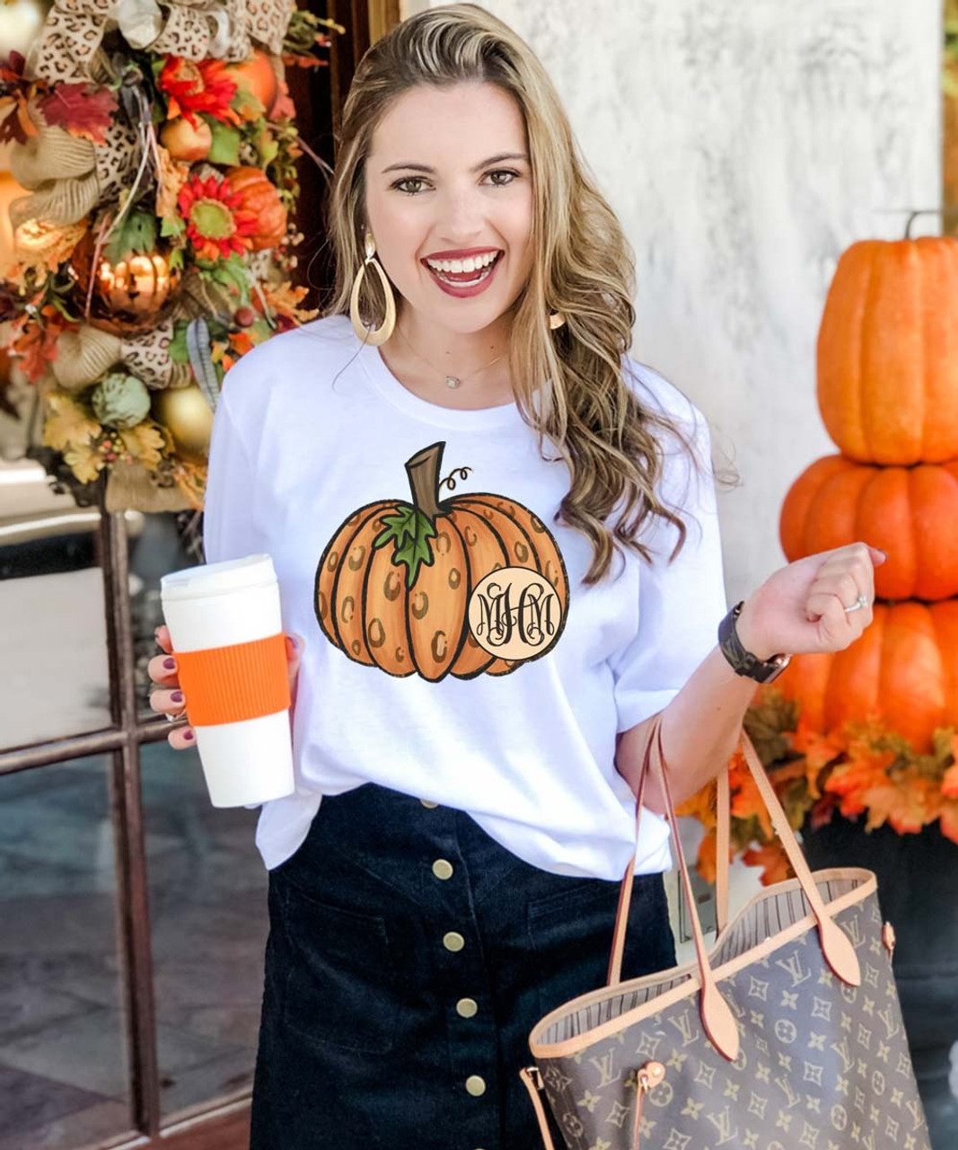 Monogrammed Leopard and Plaid Stacked Pumpkins Graphic Tee Shirt