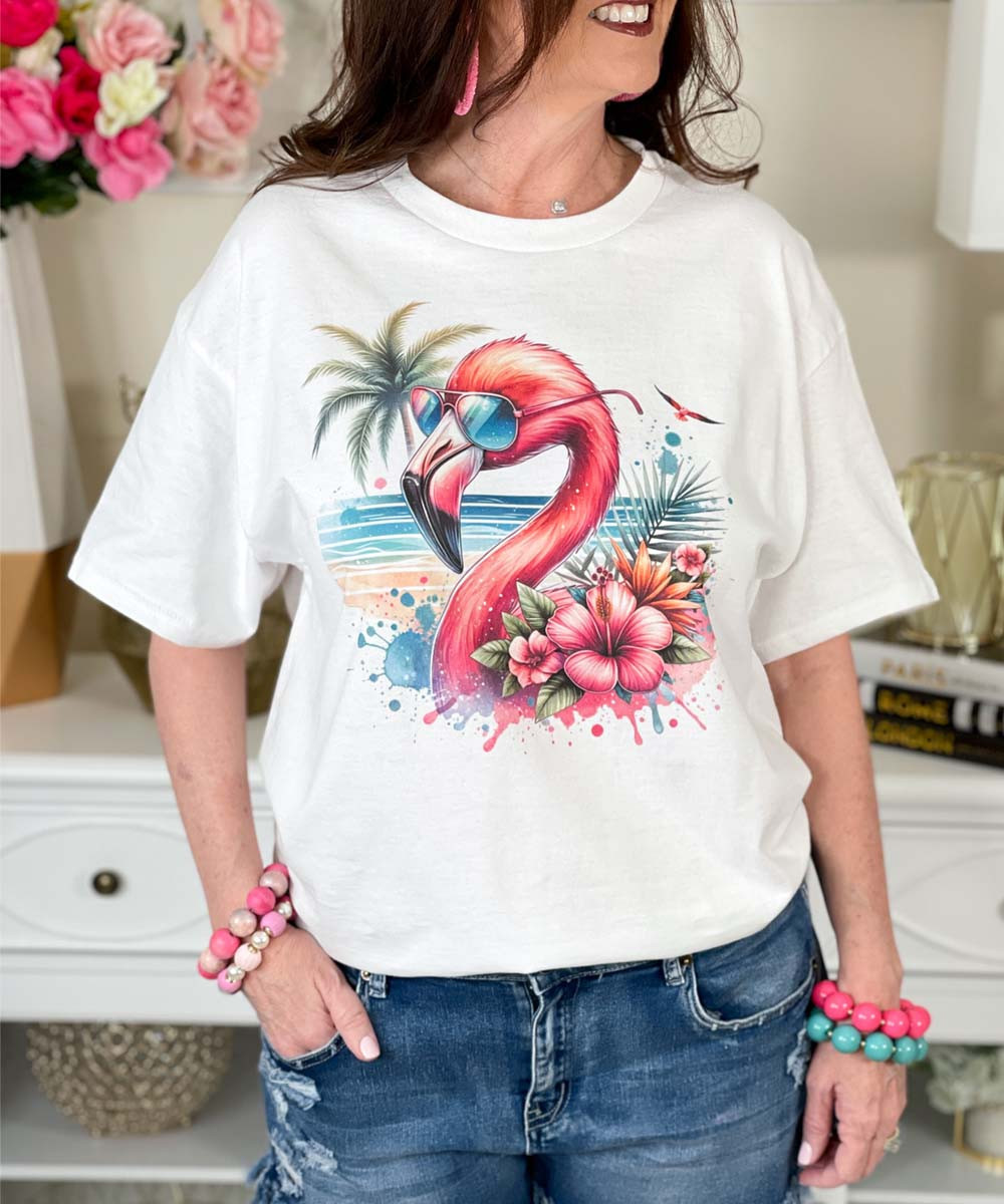 Tropical Flamingo Shirt Flamingo With Sunglasses Graphic Shirt Dollar10 Sale 