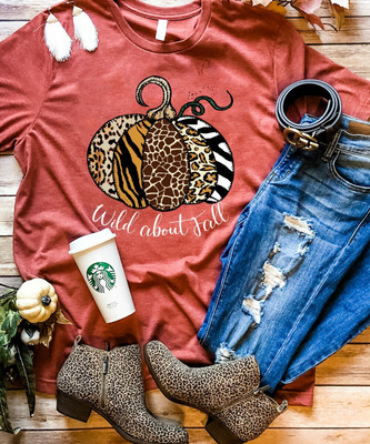 Wild About Fall Animal Print Pumpkin Bella Canvas Shirt-Heather Clay