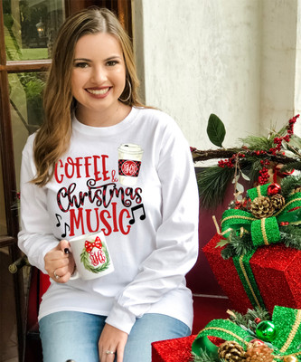 Monogrammed Coffee And Christmas Music Graphic Shirt