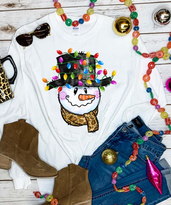  Snowman With Leopard Scarf And Christmas Lights Graphic Shirt 