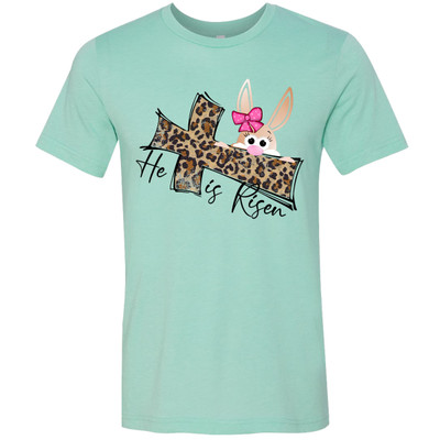 He Is Risen Leopard Cross With Easter Bunny Bella Canvas Tee - Mint