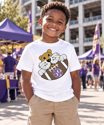 Boys Monogrammed Tiger With Football Graphic Tee Shirt - Purple And Gold