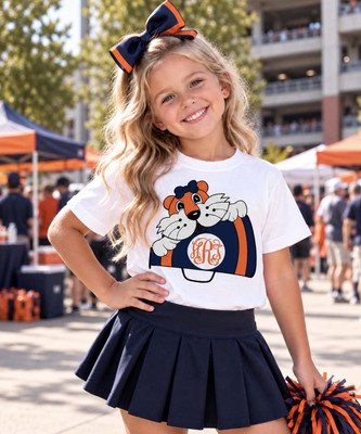 Girls Monogrammed Tiger With Megaphone Graphic Tee Shirt - Orange And Blue