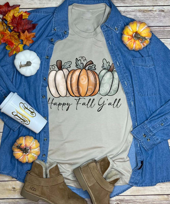 Happy Fall Yall Pumpkin Trio Graphic Shirt - Sand