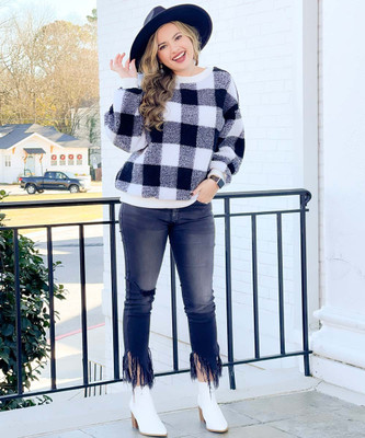 Mad About Plaid Loose Fit Faux Fur Sweater