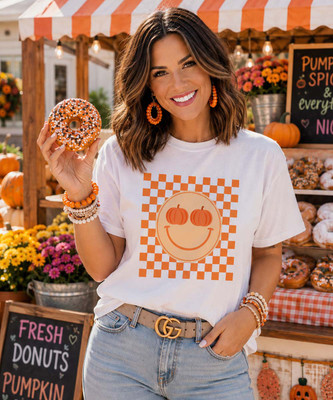 Pumpkin Smiley Checkerboard Graphic Shirt