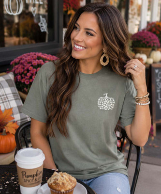 embroidered cream leopard pumpkin comfort colors tee model image
