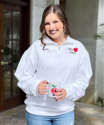 Embroidered Teacher Name With Apple Quarter Zip Pullover