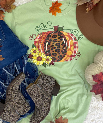 Leopard And Polka Dot Pumpkin With Sunflowers Graphic Tee Shirt