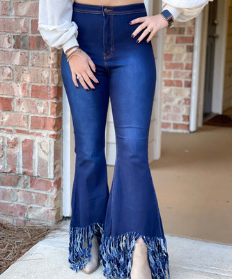 Own It High Waist Bell Bottoms With Fringed Hem - Dark