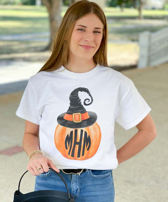 Monogrammed Pumpkin With Witch Hat Graphic T-Shirt