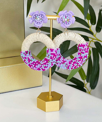  Summer Garden Raffia And Beads Circle Link Flower Earrings - Lavender 