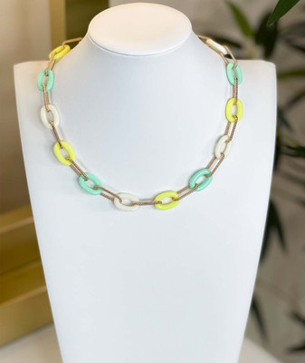 Play Date Oval Acetate Metal Link Necklace - Mint 