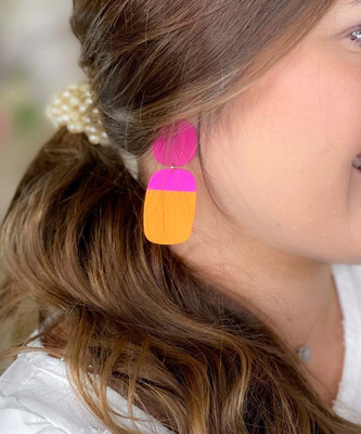  Feel The Sunshine Twotone Color Block Coated Earrings - Fuchsia/Orange 