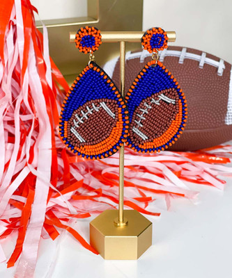  I Love My Team Football Earrings - Blue/Orange 