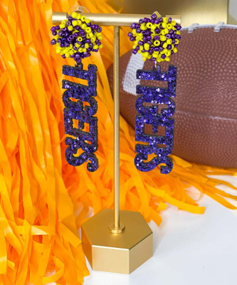  I Love The Tigers Pompom and TIGERS Earring - Purple/Yellow 