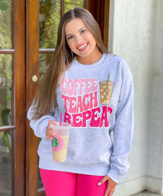  Distressed Coffee Teach Repeat Graphic Sweatshirt 