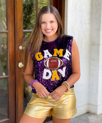  Hail Mary Game Day Patches Sequin Top - Purple/Mustard 