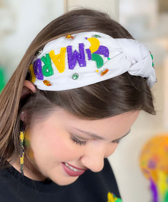 mardi gras beaded headband white side