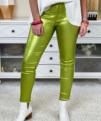 metallic lime disco jeggings front