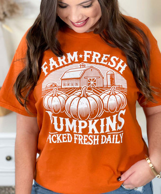 farm fresh pumpkins barn scene tee close up