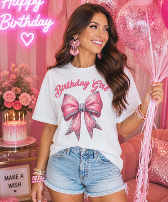 birthday girl pink bow shirt model image