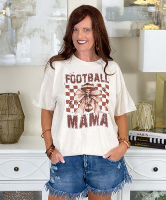 distressed checkerboard football mama tee