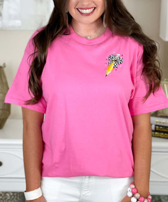 pocket pencil checkerboard bow tee close up