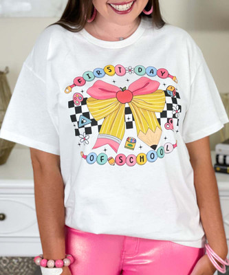 first day of school with pencil bow tee close up first day of school with pencil bow tee close up