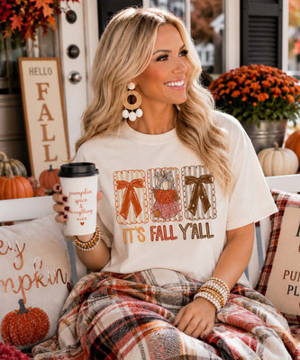 it's fall y'all bows and pumpkins tee model image