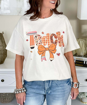 fall teach with pencil bow tee close up