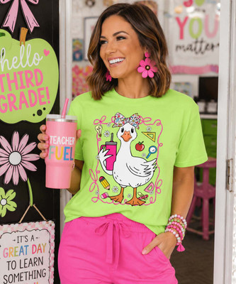 silly white goose tee model image neon green