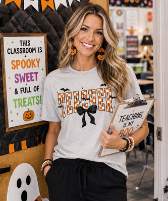 halloween checkerboard teacher with bow graphic shirt model image