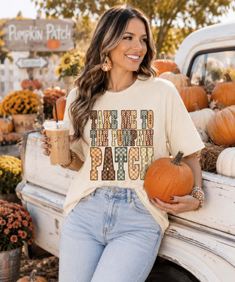 checkerboard take me to the pumpkin patch tee model image