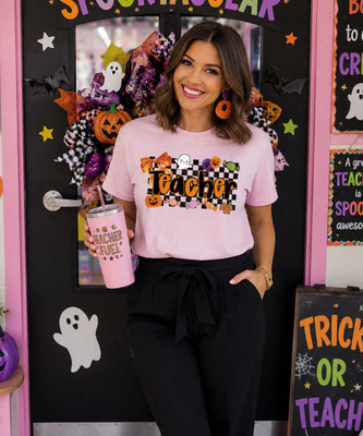 halloween checkerboard teacher graphic tee model image