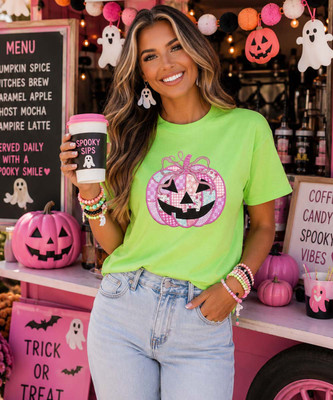 pink patchwork jack o lantern tee model image