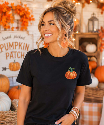 Pocket Faux Sequin Pumpkin Graphic Shirt