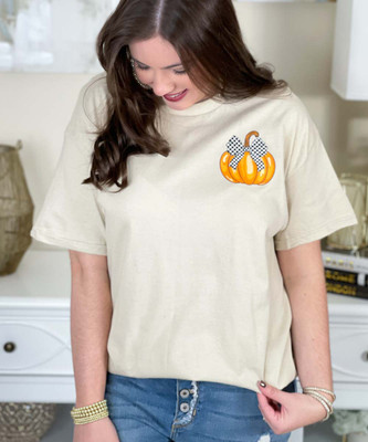 pocket pumpkin with checkered bow tee close up pocket pumpkin with checkered bow tee close up