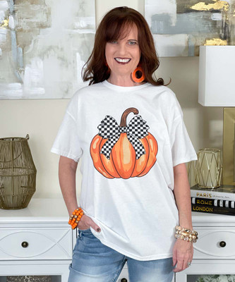 pumpkin with checkered bow tee white pumpkin with checkered bow tee white