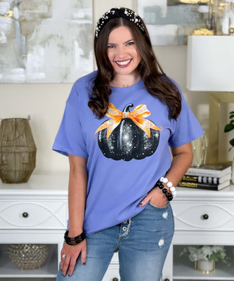 black glitter pumpkin with bow violet