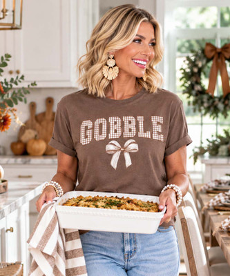 brown gingham gobble comfort colors tee model image