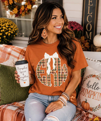 fall plaid monogram with lace bow tee model image