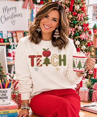 faux yarn teach with tree sweatshirt model image