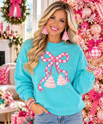 pink checkered with christmas trees sweatshirt model image