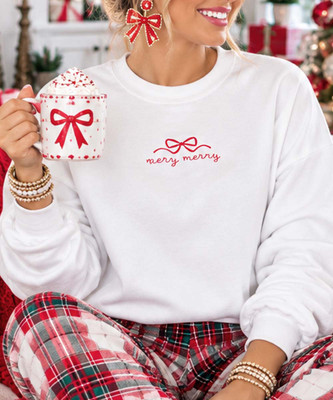 embroidered very merry with bow sweatshirt model image close up