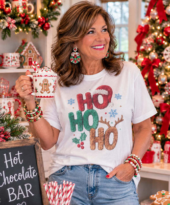 faux latch hook ho ho ho tee model image