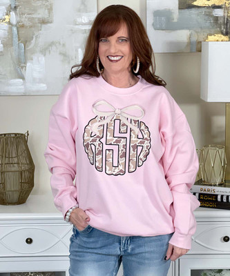 scalloped camo monogram with bow sweatshirt