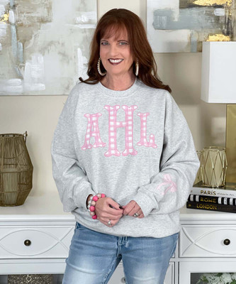 light pink gingham fishtail monogram with bow on sleeve sweatshirt