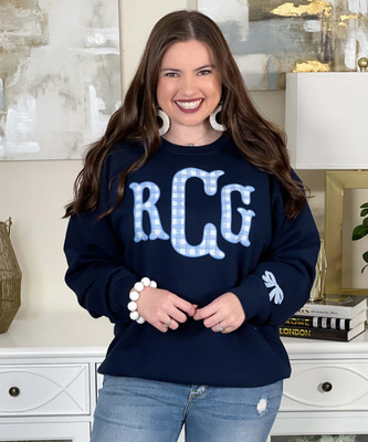 light blue gingham fishtail monogram with bow on sleeve sweatshirt